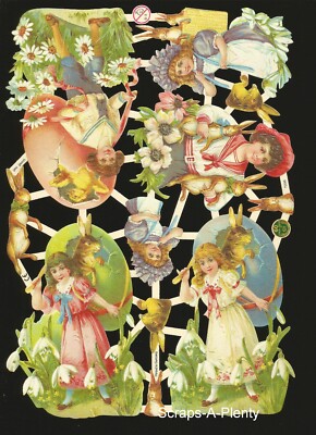 German Embossed Vintage Style Scrap Die Cut - Easter Chicks, Bunny & Eggs EF7298