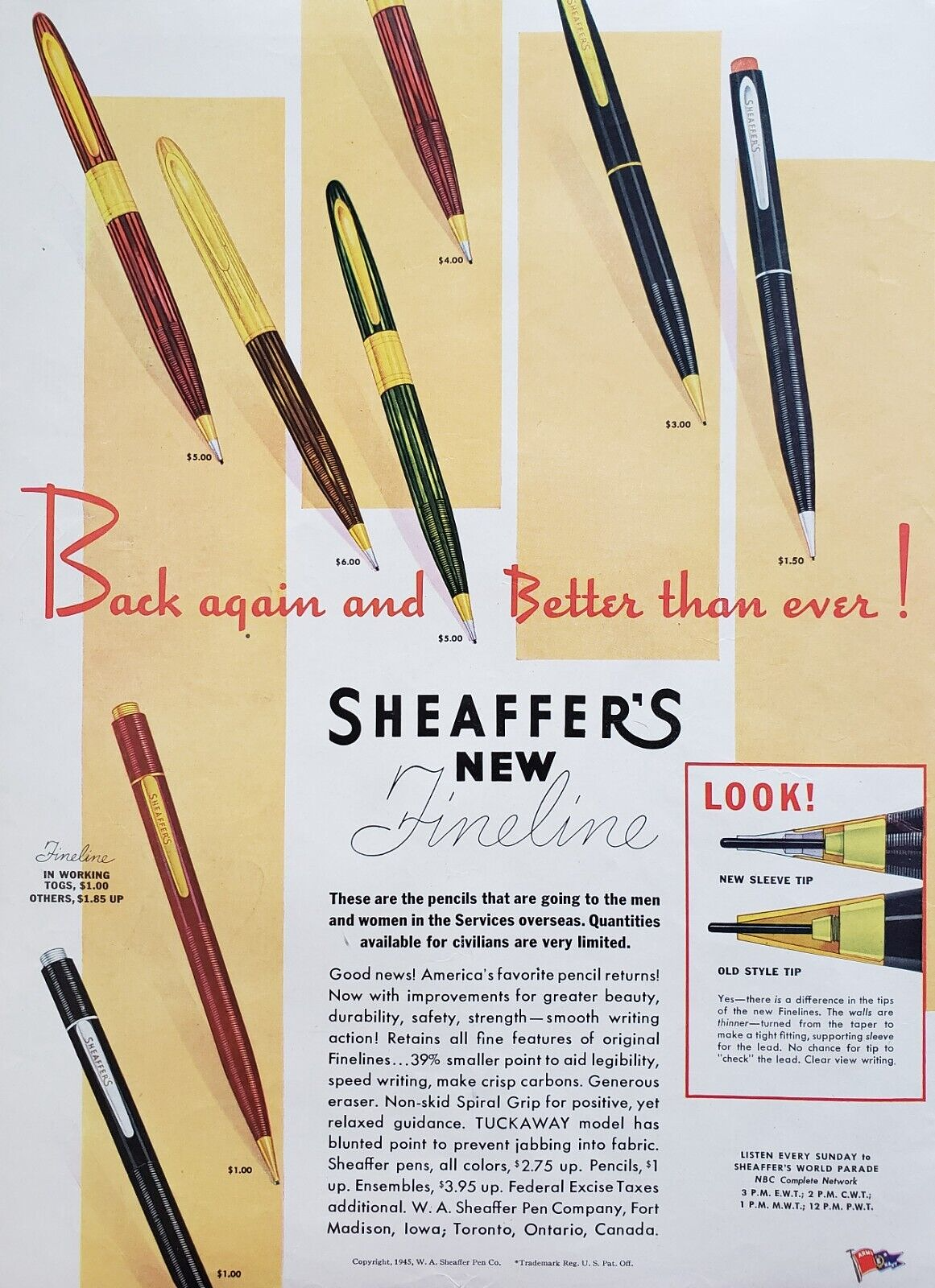 1945  Sheaffer's Pencils Fineline New Sleeve Tip Non Skid Spiral Grip Print Ad