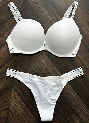 Nwt PINK Victorias Secret Super Push Up 34D Bra & High Leg Thong Panty M Set