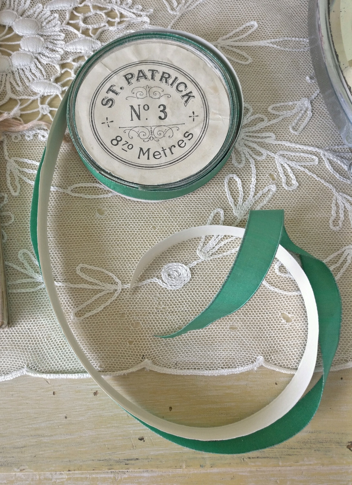 Antique St Patrick Roll Emerald Green Ribbon Original Labels Metres Vintage Silk