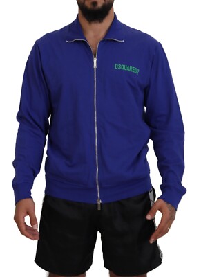 DSQUARED2 Sweater Blue Cotton Printed Collared Men Full Zip IT48/US38/M 610usd