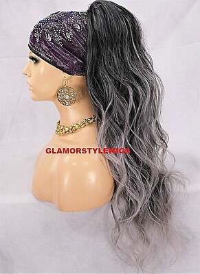 HUMAN HAIR BLEND PONYTAIL HAIR PIECE EXTENSIONS LONG WAVY LAYERED BLACK GRAY MIX