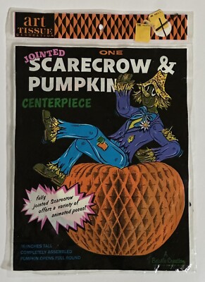 NOS Vintage Jointed Scarecrow & Pumpkin Halloween Centerpiece, 16  Sealed