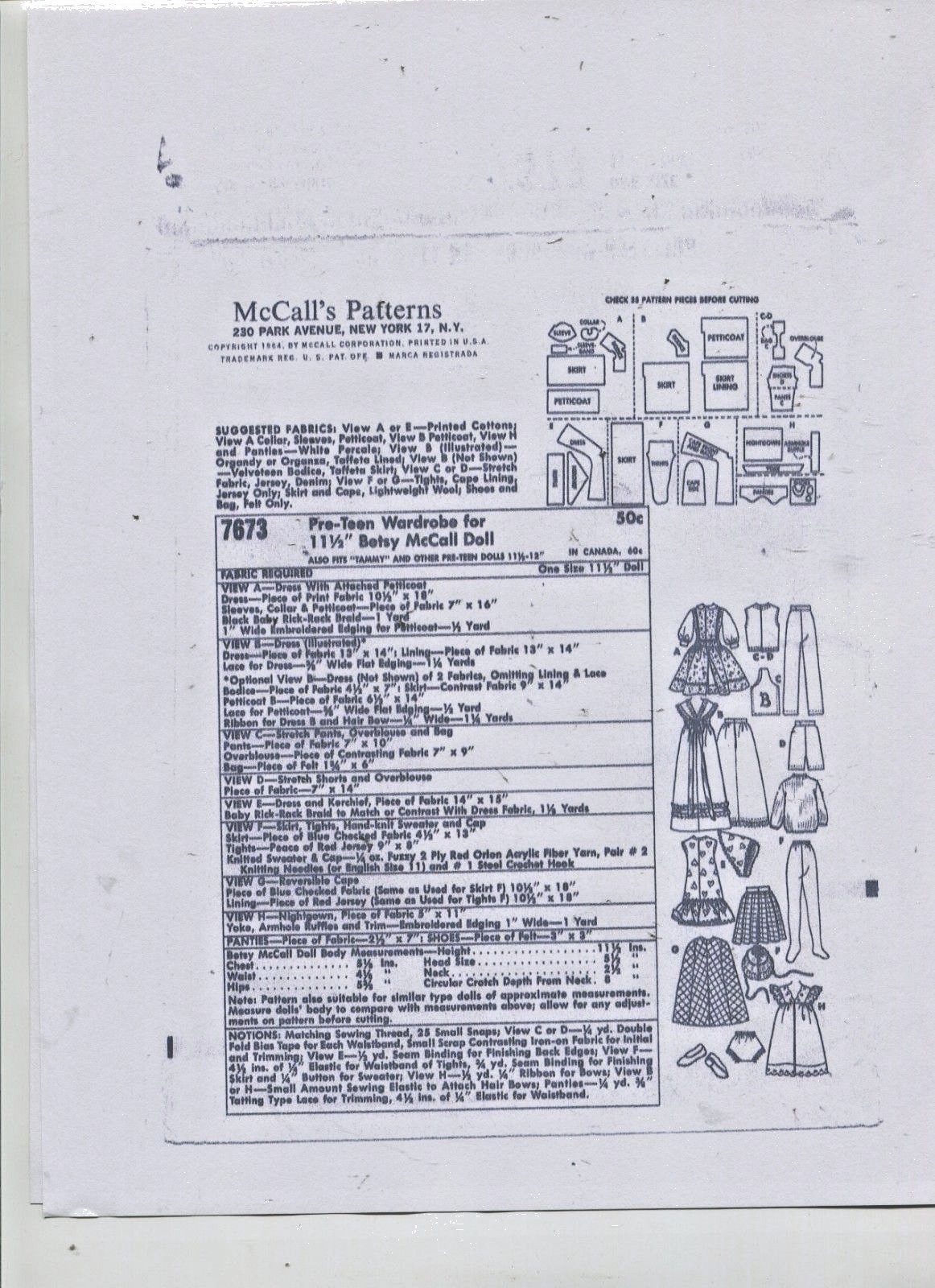 VINTAGE-1964 - BARBIE  DOLL- ADORABLE- LARGE - WARDROBE PATTERN -# 2