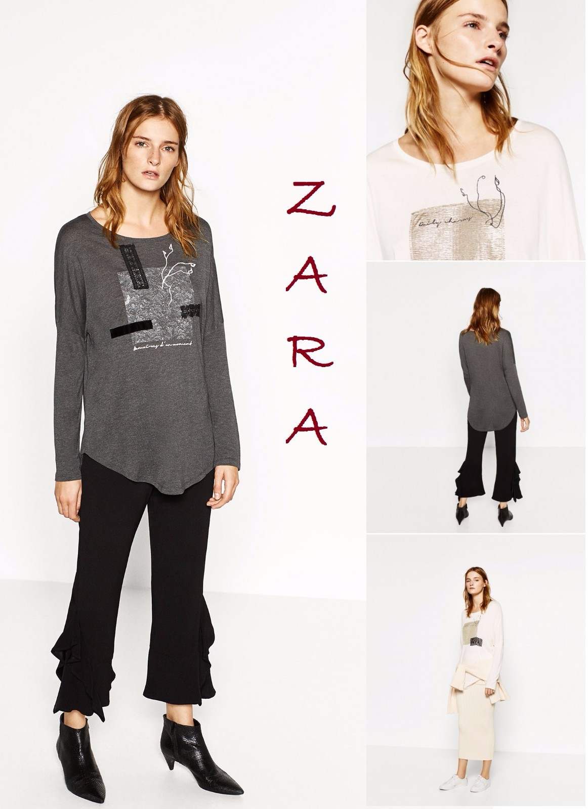 ZARA Patch Detail T-Shirt Long Sleeve Ecru & Gray Marl New