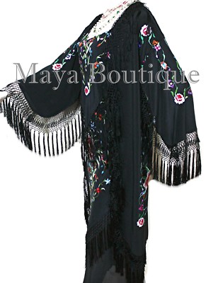 Pre-owned Maya Matazaro Embroidered Silk Fringe Jacket Flamenco Kimono Black & Multi
