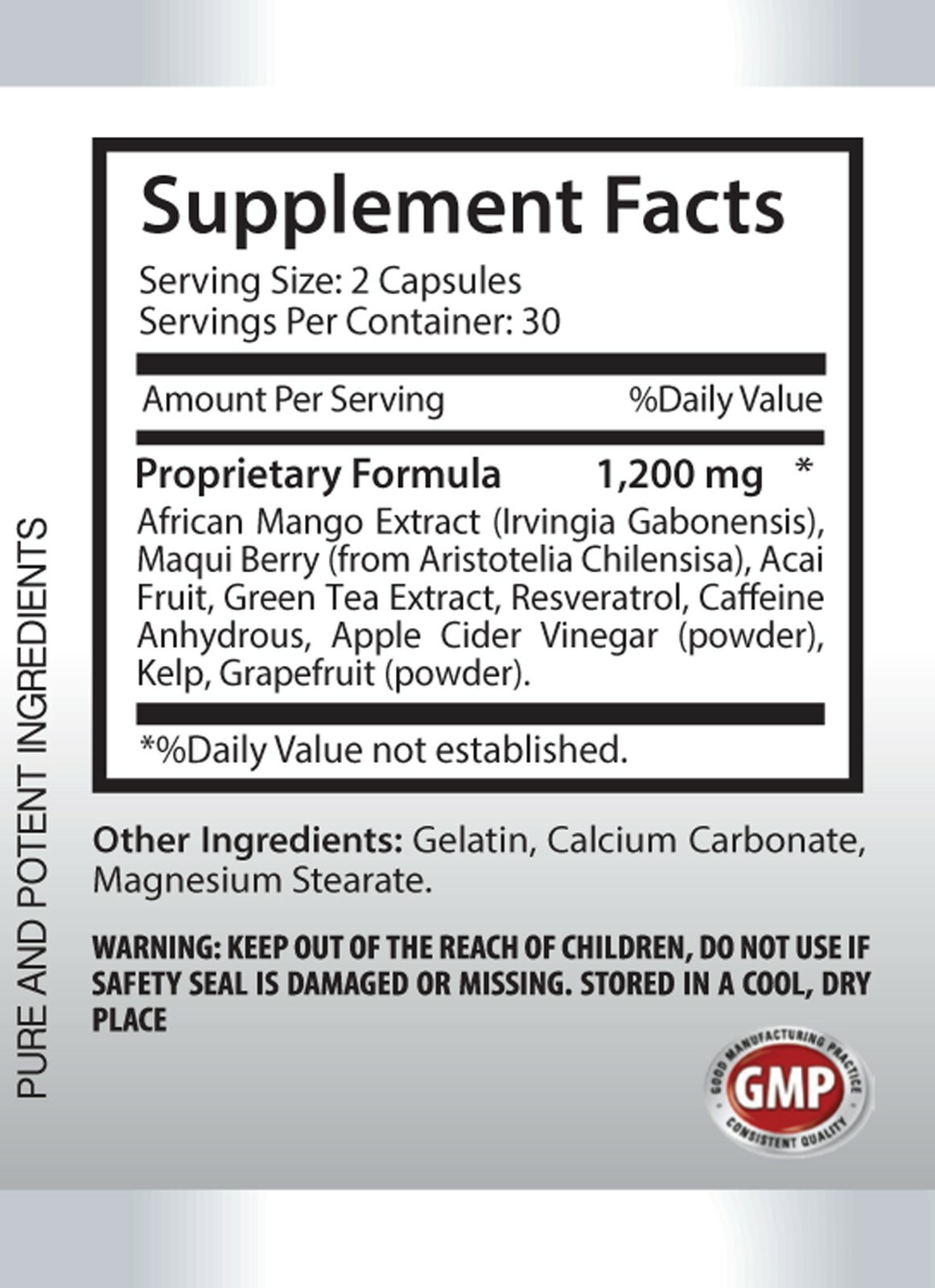 Weight Loss Dietary Supplement - AFRICAN MANGO EXTRACT 1200mg - 1 Bottle 60 Caps