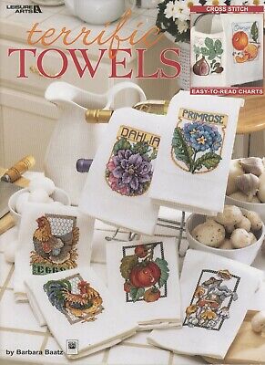 Leisure Arts Terrific Towels Chickens Seed Packets Cross Stitch Pattern Book