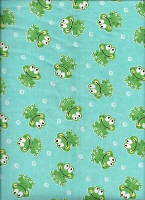New A.E. Nathan Smiley Frogs on Light Blue Flannel Fabric by the Half-Yard