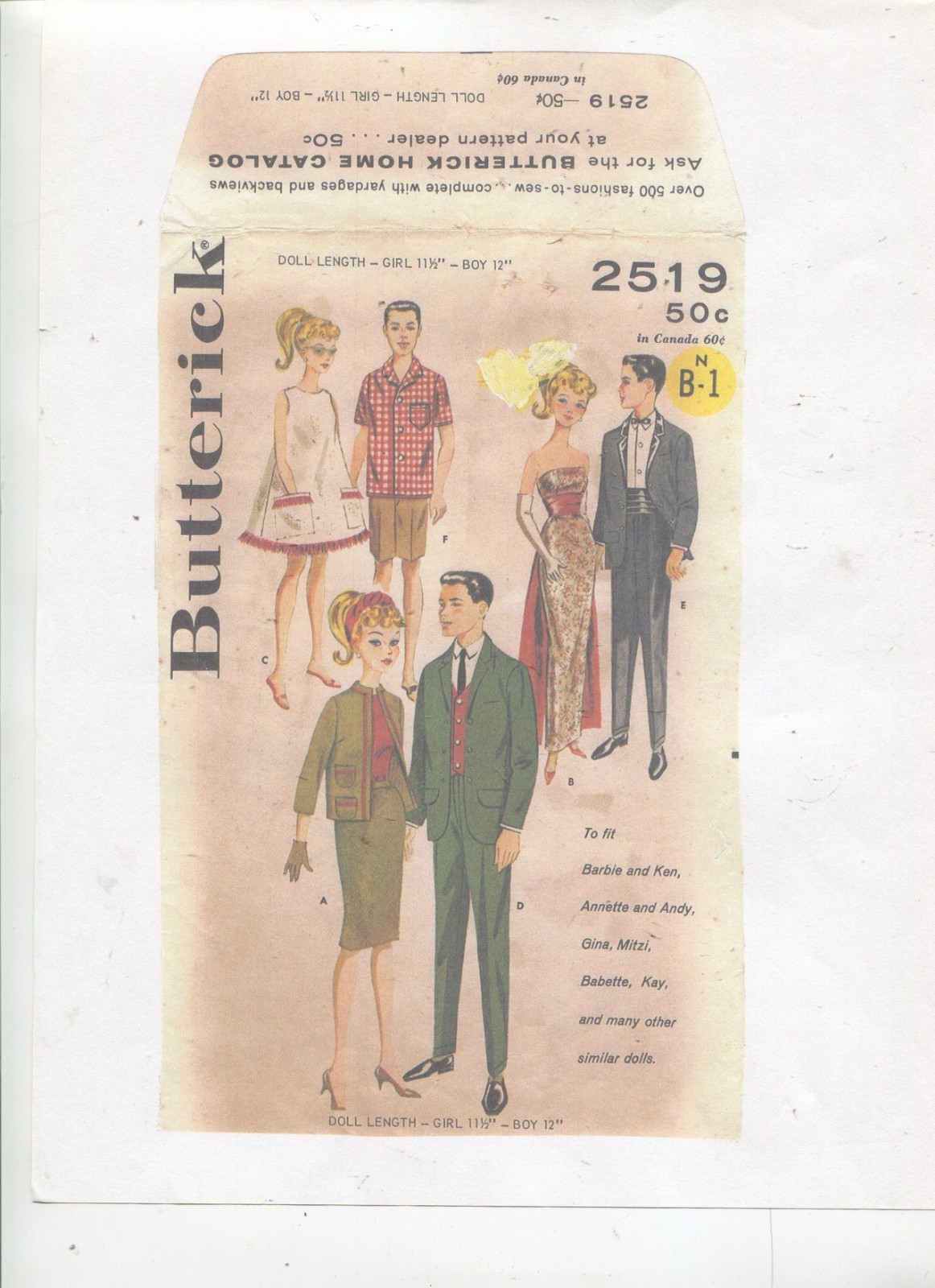 VINTAGE COLLECTION OF- 6 - BARBIE & KEN DOLL WARDROBE PATTERNS-REPRODUCTIONS-#4