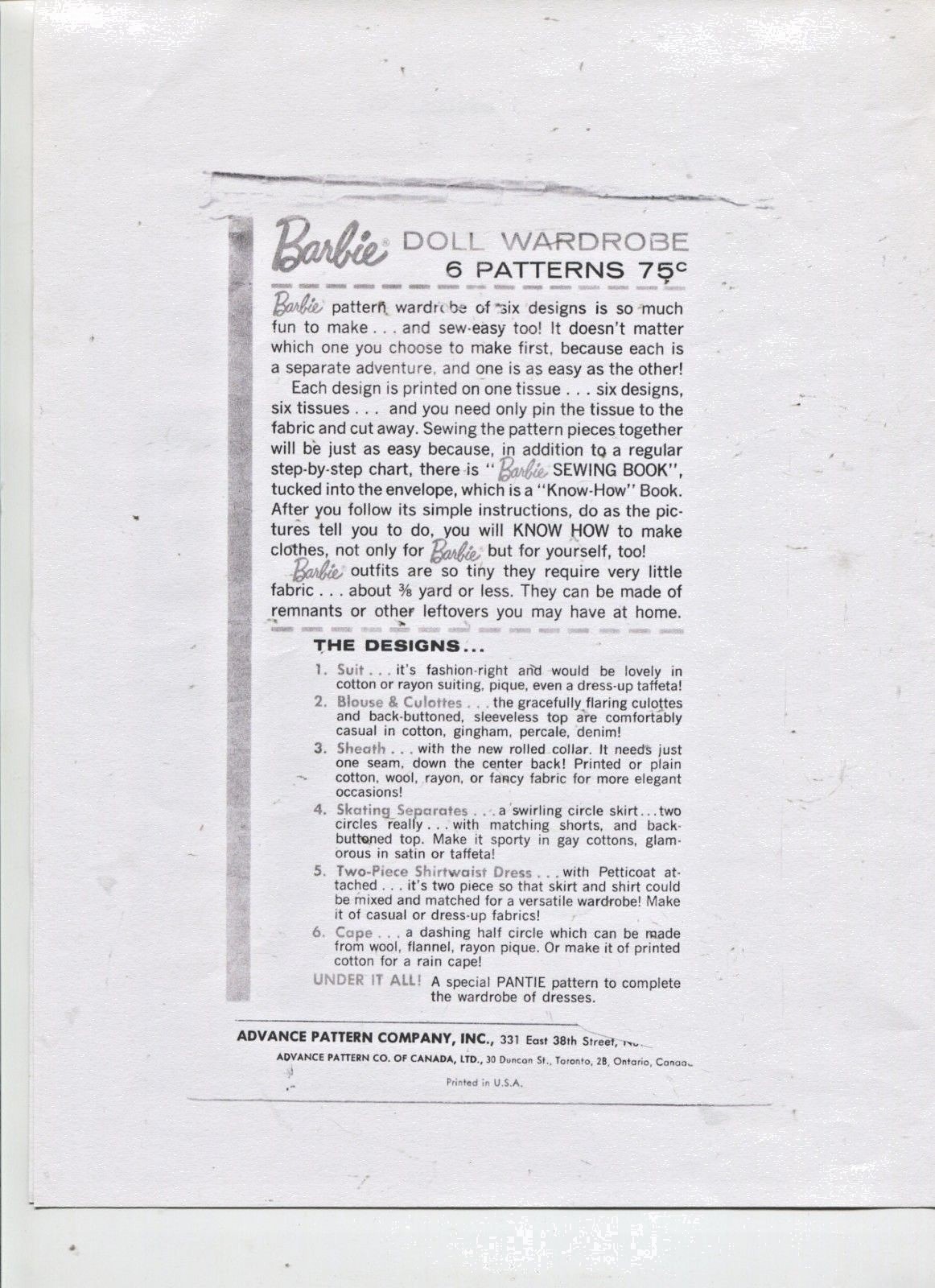 VINTAGE -1961 - BARBIE DOLL - CLASSY  WARDROBE PATTERN -# 2