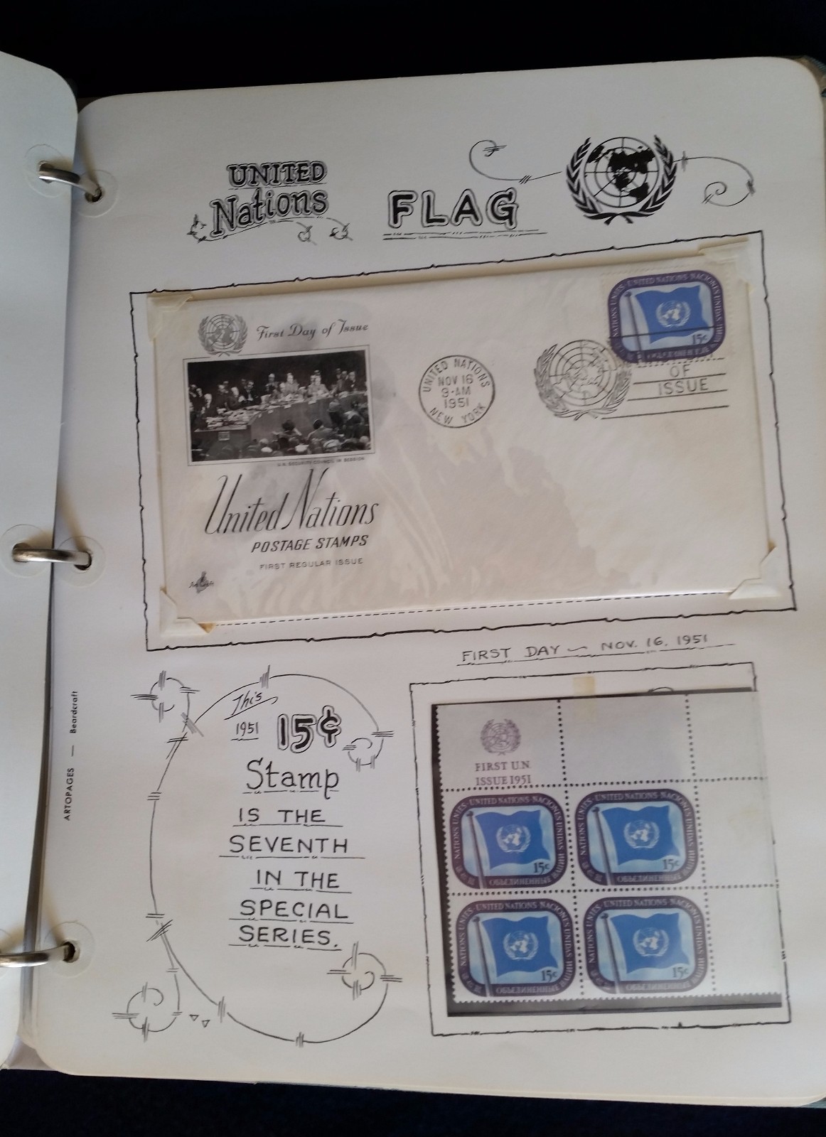 UN First Day Covers and Stamp Blocks Collection 1951 - 1954 Custom Album Sheets