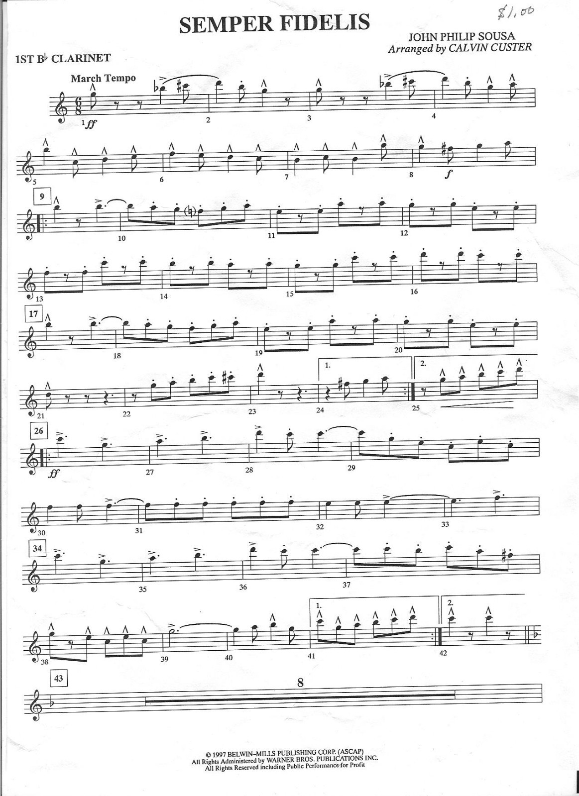 SEMPER FIDELIS by Sousa arr. C. Custer C Fl, 1st & 2nd Bb cl parts Belwin BD9701