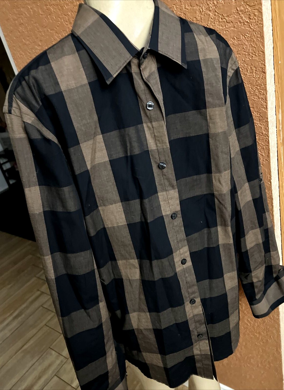 大流行中！ Ellis Perry Long xbb M Sz Checker Brown Black Shirt Sleeve トップス