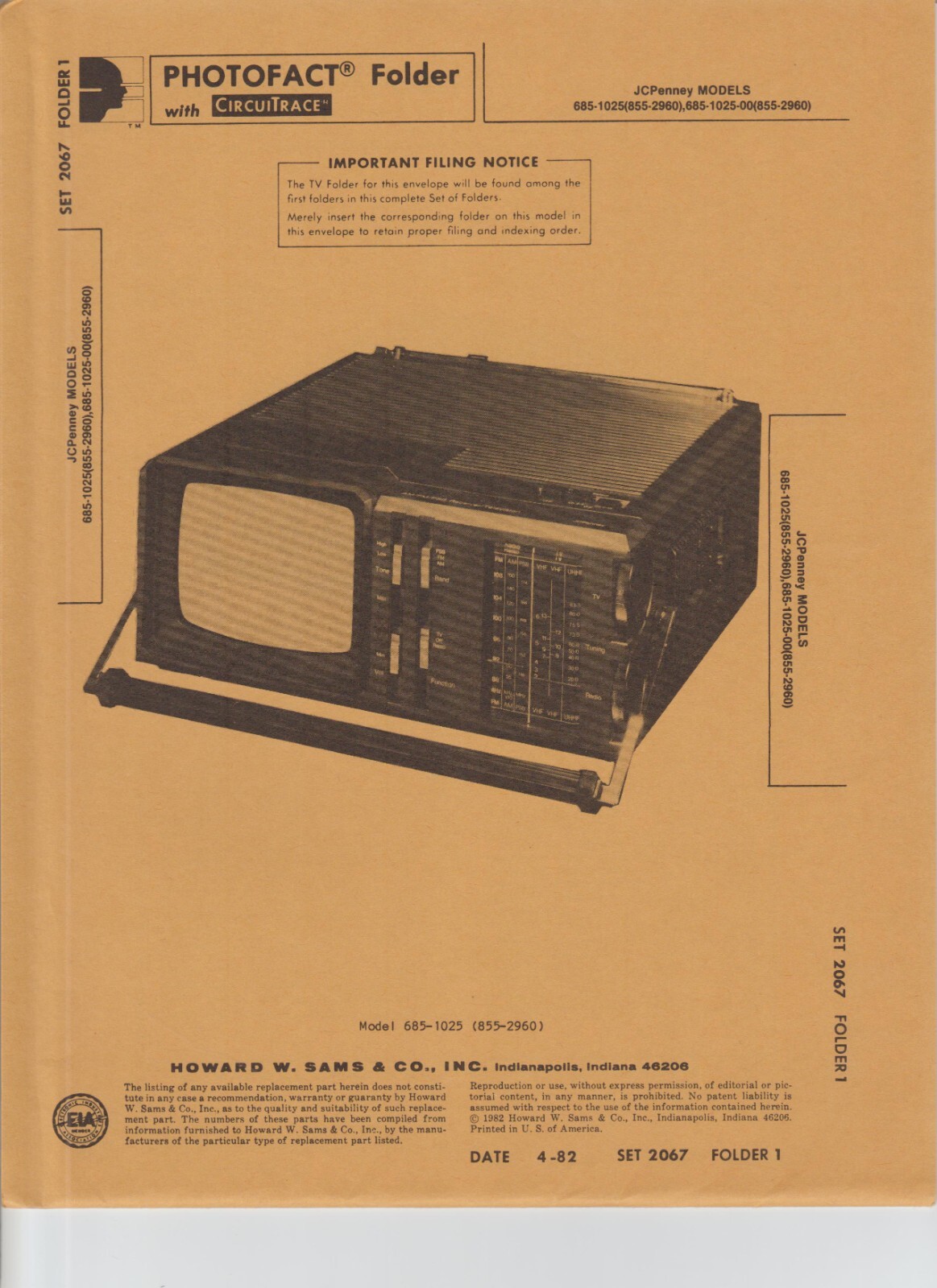 JC Penny 685-1025/685-1025-00 AM/FM B&W TV Photofact Folder JC Penny 685-1025/685-1025-00 AM/FM B&W TV Photofact Folder