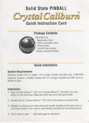 ITHistory (198X) Software Manual: CRYSTAL CALIBURN Solid State Pinball