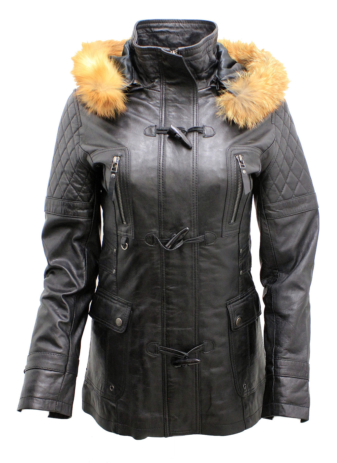 INFINITY DAMEN ABNEHMBARER KAPUZE GESTEPPT SCHWARZ LEDER PARKAJACKE