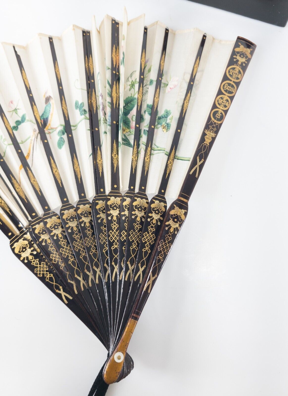 Antique Chinese Lacquered Hand Fan with Painted Silk and Lacquer Box