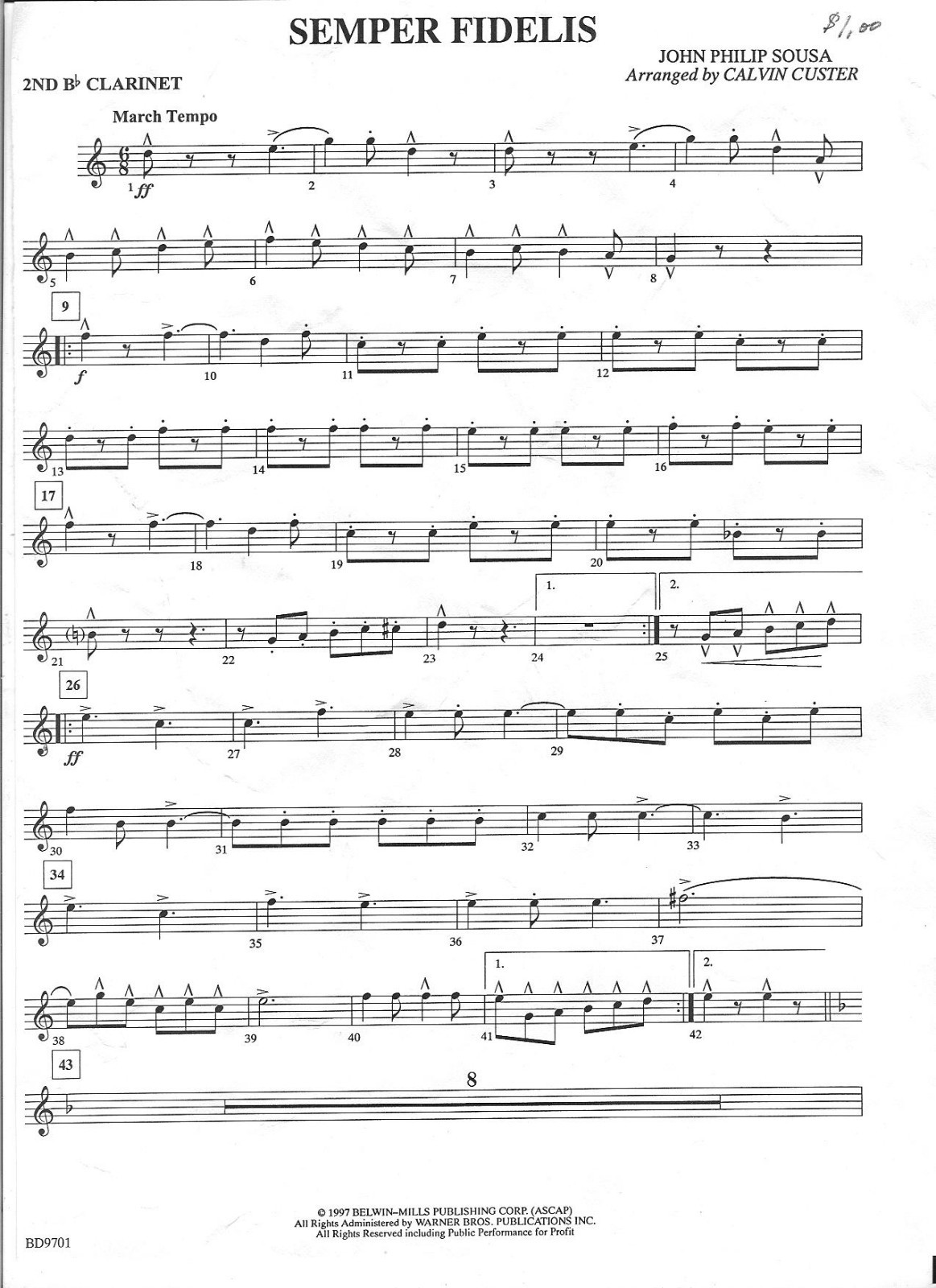 SEMPER FIDELIS by Sousa arr. C. Custer C Fl, 1st & 2nd Bb cl parts Belwin BD9701