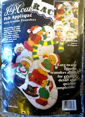 ''Teddies & Snowman''  18'' Christmas Stocking Kit J & P Coats 28055 Felt  Sequins