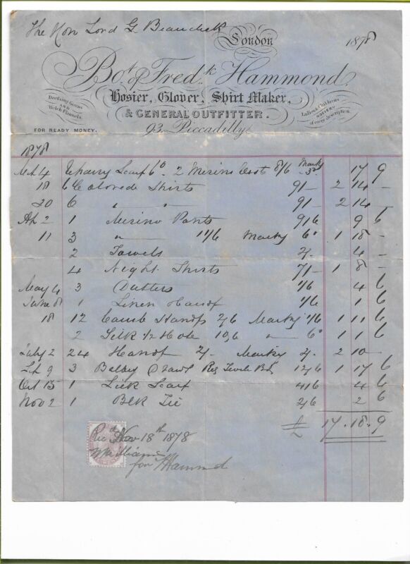 1878 Fred Hammond, Hosiery, shirt maker, Piccadilly. Invoice Lord Beauclerk