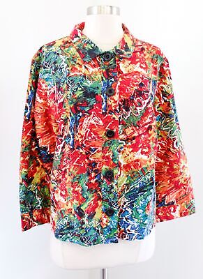 NWT $118 Chicos Red Colorful Abstract Floral Print Light Jacket Size 3 Multi