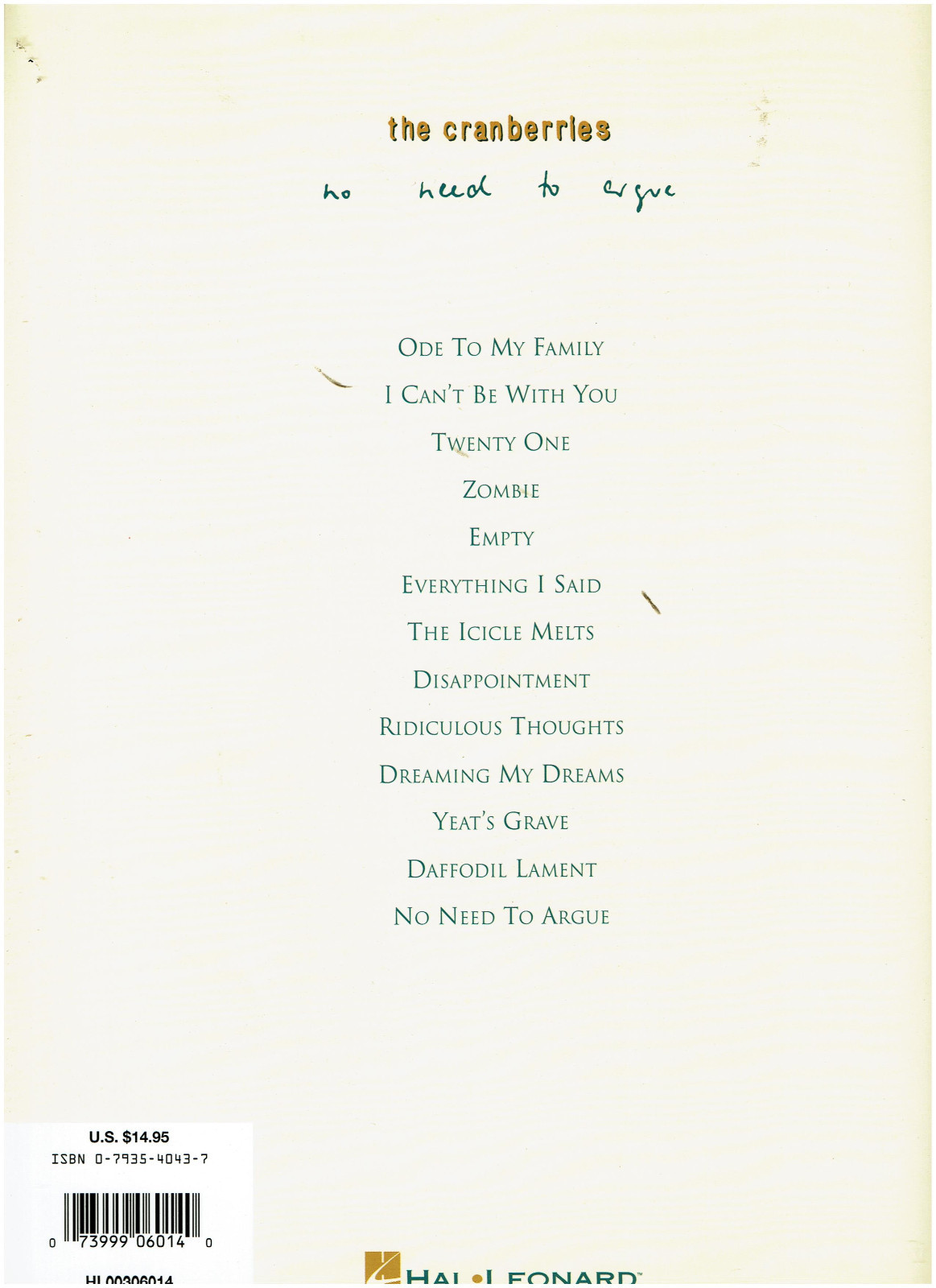 The Cranberries : No Need to Argue (2001, Paperback) Music Lyrics Piano
