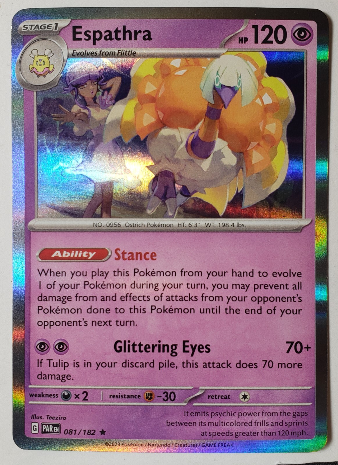HOLO Espathra 081/182 NM / M - Paradox Rift Pokemon Card HOLO Espathra 081/182 NM / M - Paradox Rift Pokemon Card