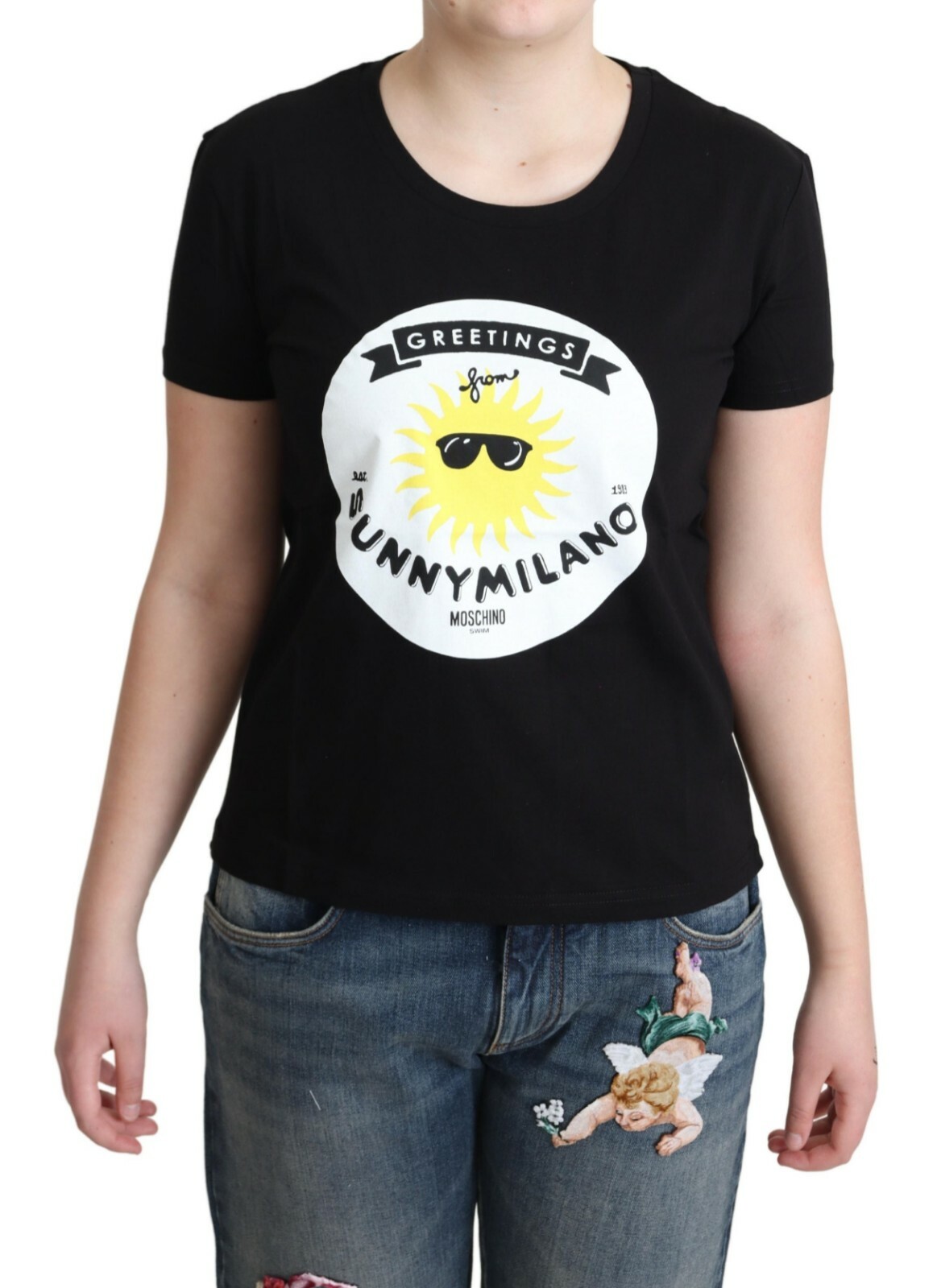 

Футболка MOSCHINO Черные хлопковые топы с принтом Sunny Milano IT44/US10/ Рекомендуемая розничная цена 260 долларов США, Черный