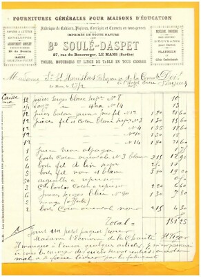 LE MANS (72) PAPETERIE / MERCERIE / LINGE de TABLE ''SOULE-DASPET'' en 1915