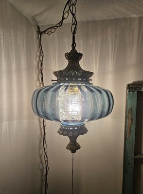 Vtg Blue swag lamp hanging light glass pendant mid Saucer Ufo Plug-in 2 AVAIL