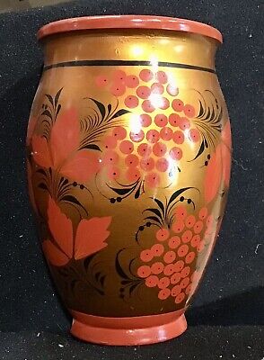 Vintage Russian Khokhloma Hand Painted Lacquered Wood 8  Vase