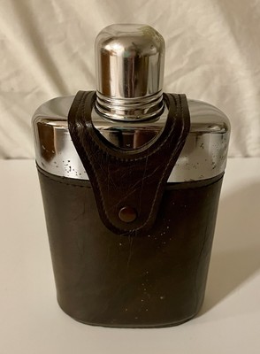 Vintage Beveled Glass Hip Flask With Shot Glass And Brown Leather Case