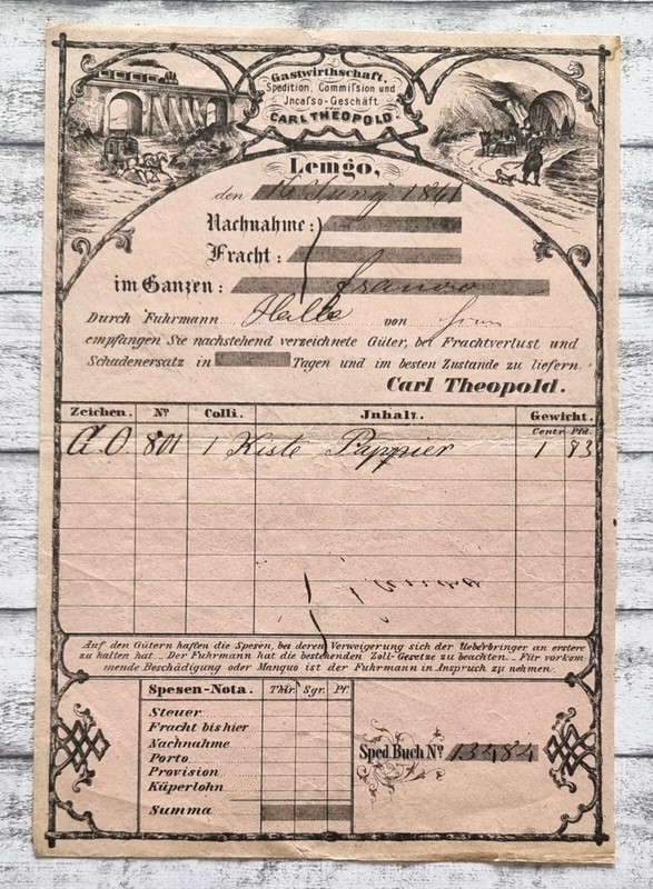 1861 Gastwirtschaft Spedition Theopold Lemgo Detmold Fracht Transport Alt Deko