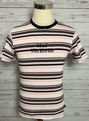Huf Worldwide Crewneck T Shirt Small Striped Short Sleeve Pink Black 100% Cotton
