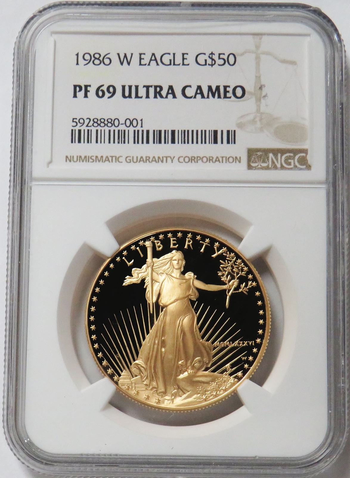 1986 W GOLD $50 AMERICAN EAGLE 1OZ PROOF COIN NGC PF 69