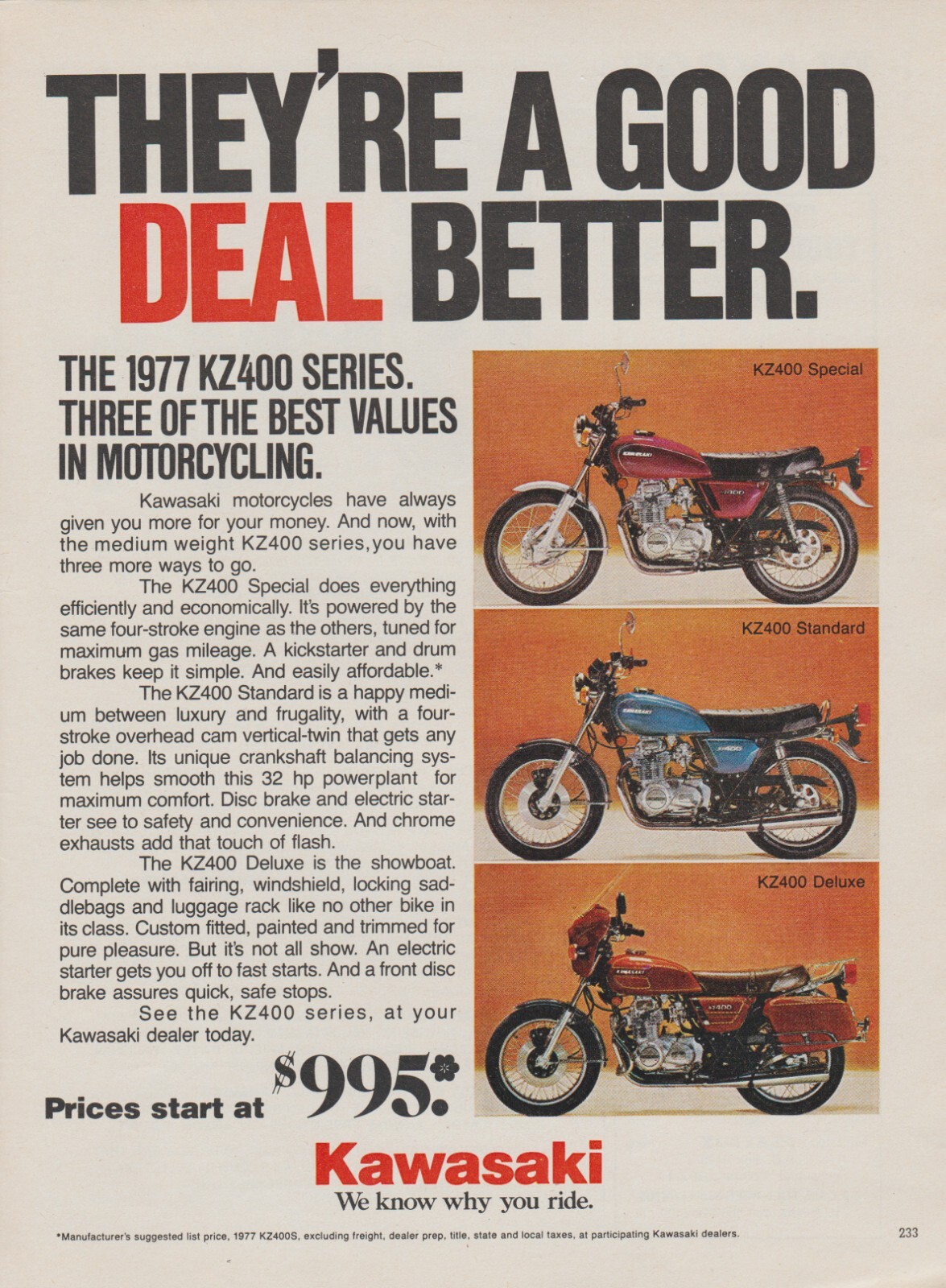 1977 Kawasaki KZ400 Special, Standard, & Deluxe Motorcycles