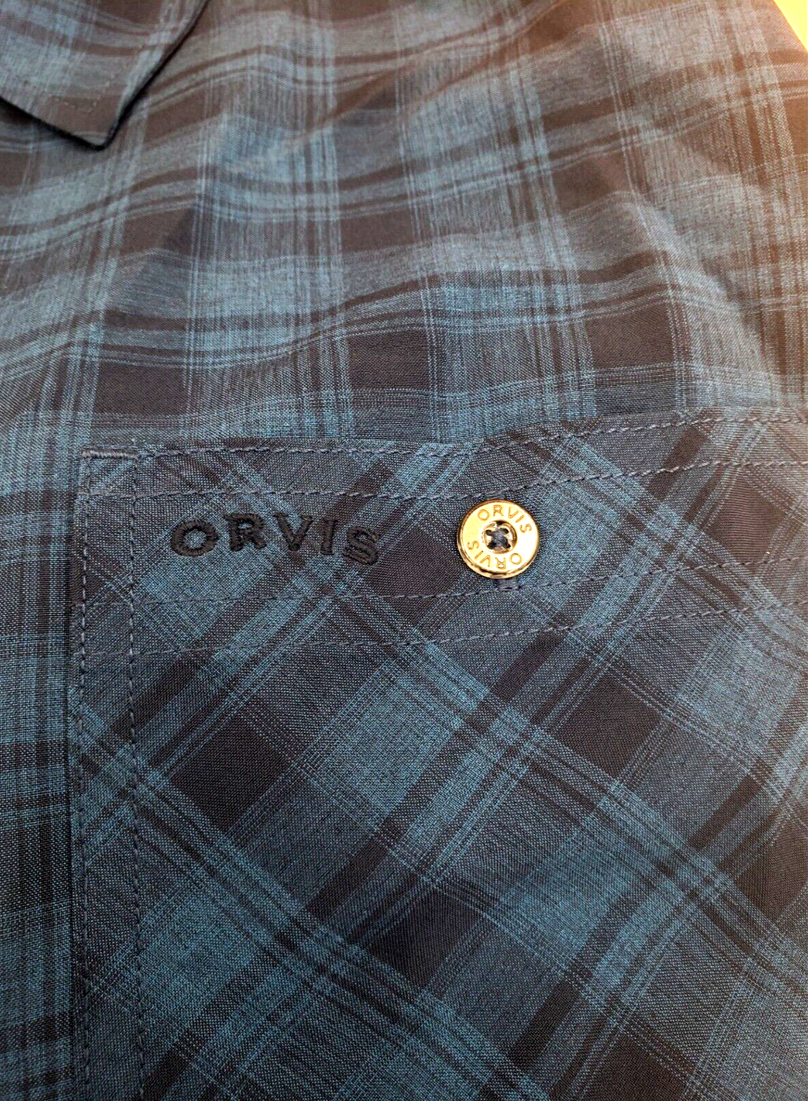 ORVIS Mens Short Sleeve WOVEN TECH Shirt UPF 30+ QUICK DRY BLUE PLAID MEDIUM NEW