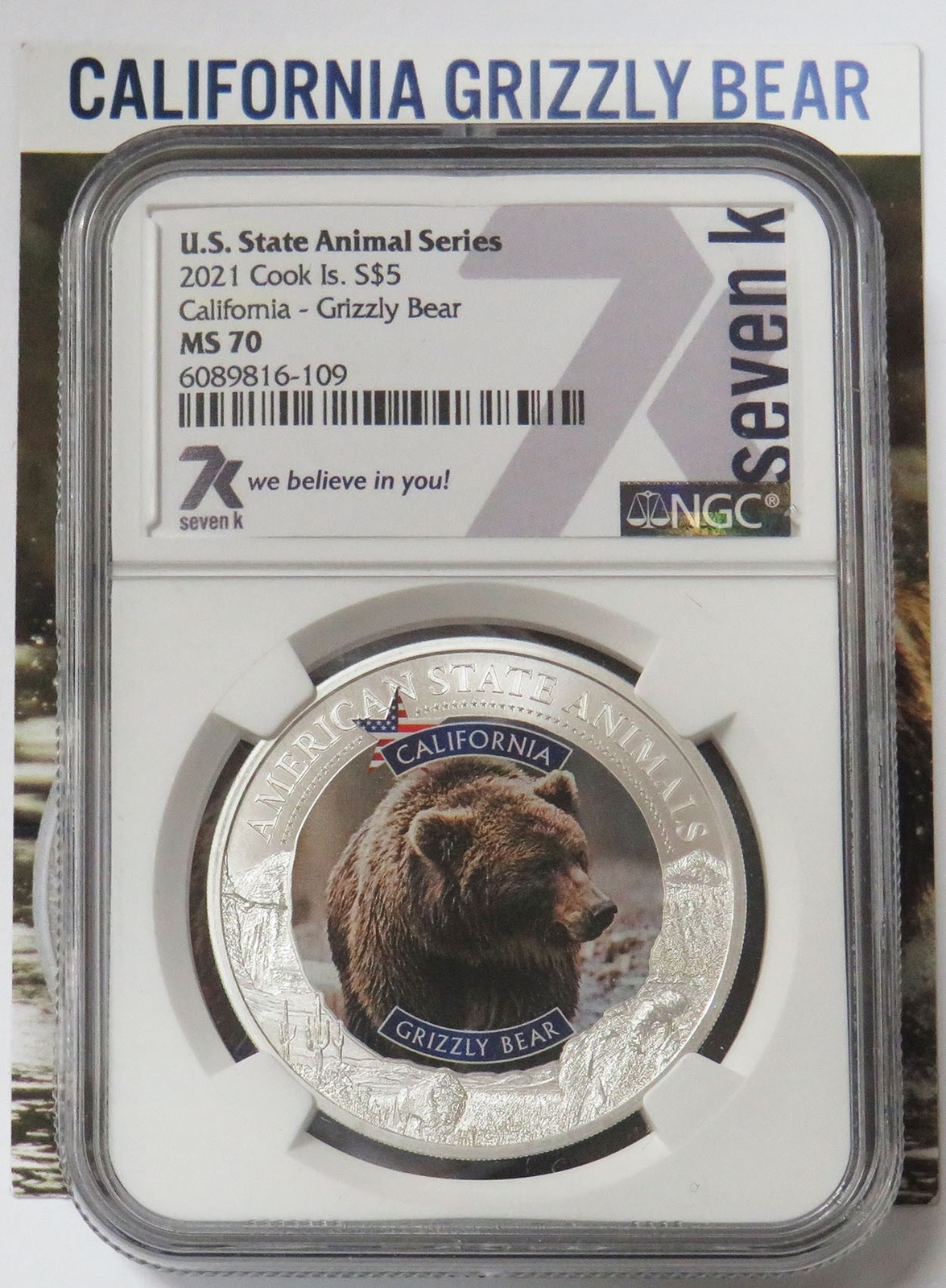 2021 SILVER COOK ISLANDS $5 GRIZZLY BEAR U.S. STATE ANIMAL