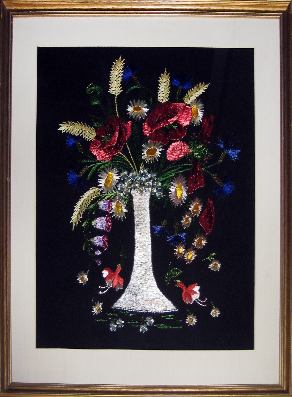 • Pair of Large Matching Vintage Silk Thread Paintings • Floral Still Lifes •