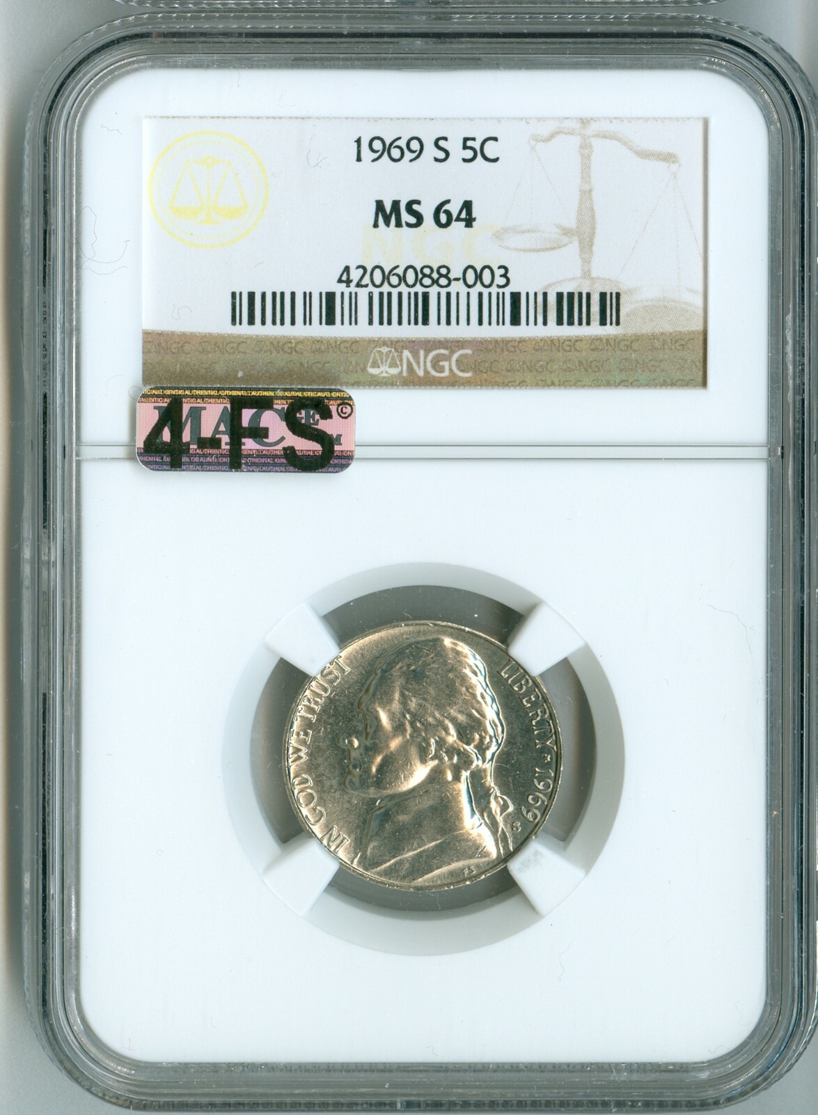1969 S JEFFERSON NICKEL MS64 NGC 4FS, 4 FULL STEPS, SPOTLESS