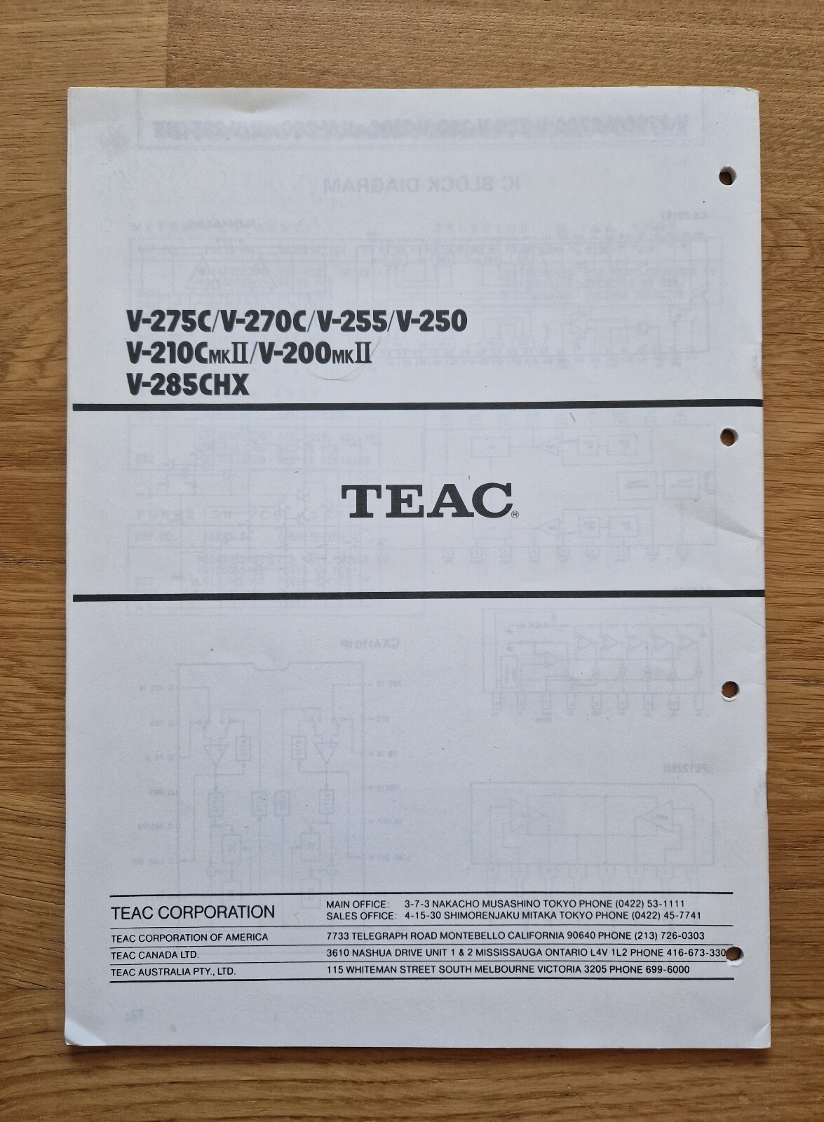 Teac Cass. V275c V270c V255 V250 V210cii V200ii V285chx Service.