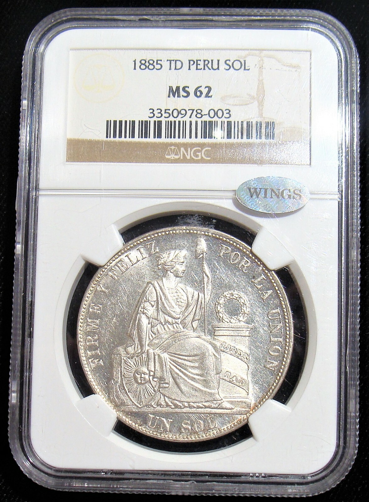 Peru: Republic Sol 1885-TD, KM196.22, MS62 NGC. WINGS!