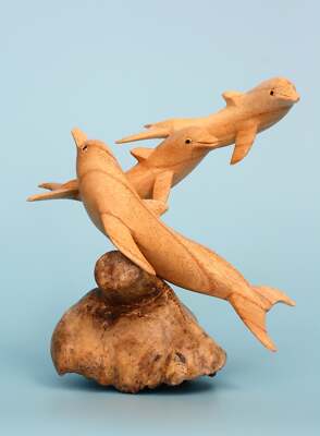 Wooden Hand-Carved 3 Dolphins Statue, Tropical Nautical Coastal Decor Figurine