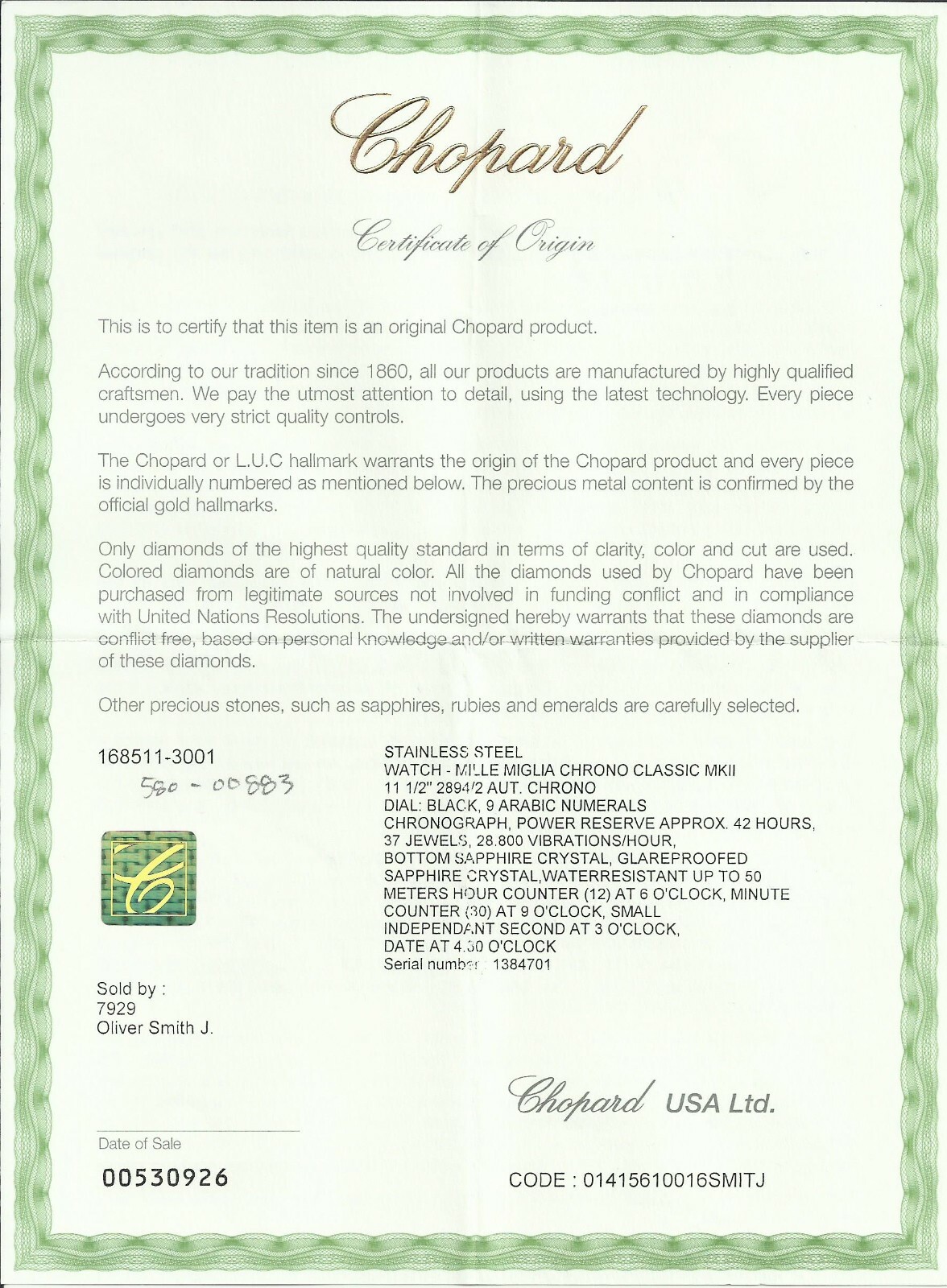 Chopard Certificate of Origin and International Guarantee