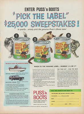 1959 Puss'n Boots Cat Food Pick Label $25,000 Sweepstakes Vintage  Print Ad