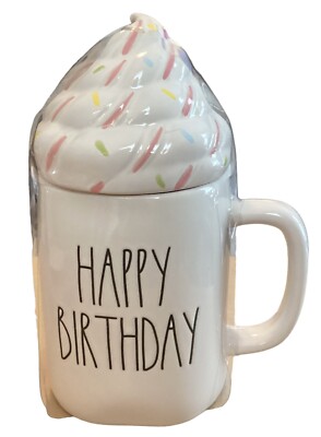 RAE DUNN  HAPPY BIRTHDAY  Ceramic Mug with Whipped Cream and Sprinkles Topper