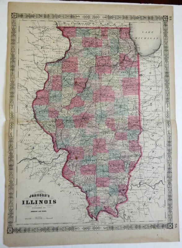 Illinois State Map Chicago Lake Michigan 1864 Johnson & Ward map scarce issue