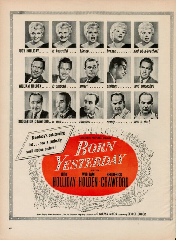 1951 Movie Born Yesterday 50s Vintage Print Ad Judy Holliday Broderick Crawford
