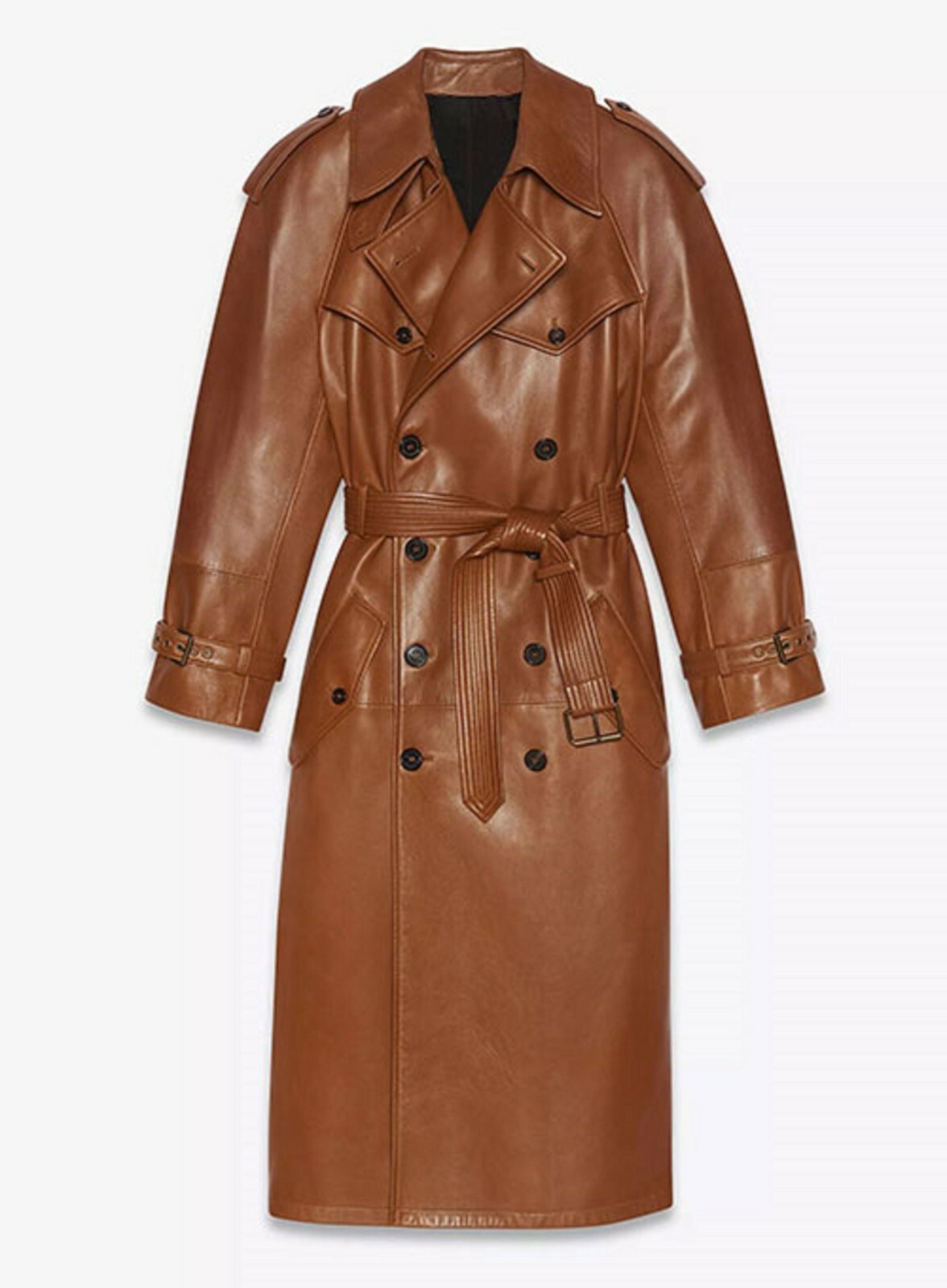 Women Brown Leather Long Coat Pure Lambskin Biker Trench